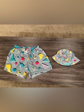 Retro Geometric Teal, Yellow, Pink Jogger Shorts with Matching Bucket Hat | XL